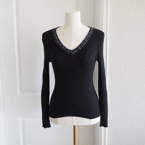 New York & Company Black V-Neck Sweater Bedazzled Beaded Neckline Sz XS Glam